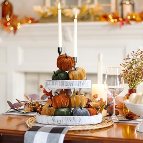 Image of Super Holiday 12PCS Artificial Velvet Pumpkins Decorations, 4 Colors Foam Faux Flocked Pumpkins for Fall Harvest Theme Party Wedding Halloween Thanksgiving Table Decor