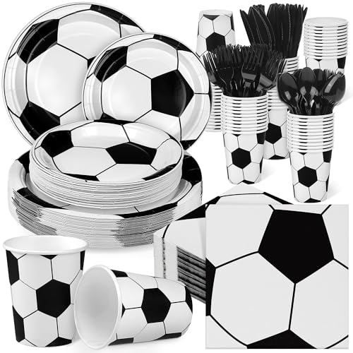 Kochorie 400 Pieces Soccer Disposable Party Tableware Sets Including Plates Cups Napkins Cutlery Serves 50 for Soccer Games Sports Birthday Party Decorations