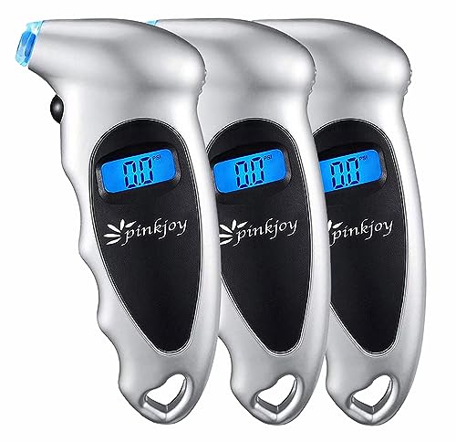 PINKJOY Digital Tire Pressure Gauge 3 Pack 150 PSI, 4 Settings, Tire Gauge for Car, Truck, Motorcycle, Bicycle with Backlit LCD and Non-Slip Grip (Silver)