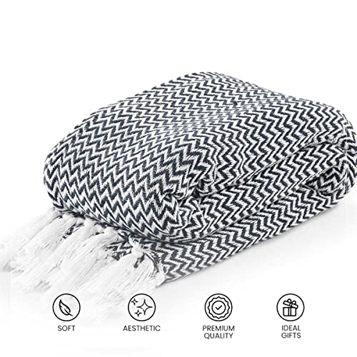 Image of SASHAA WORLD Chevron Throw Blanket Handwoven with Fringes | Throw for Living Room, Bed, XL Sofa & Chair | Navy Throw Blanket | 170x250 cm Pack of 1