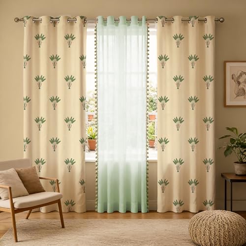 Image of Urban Space Printed 100% Cotton Curtain for Window, Cotton & Sheer Combo Set of 3 Curtains 5 Feet Long, Tieback & Eyelets Included with Curtains for Room Darkening (Palm Lagoon Green & Mint pom pom)