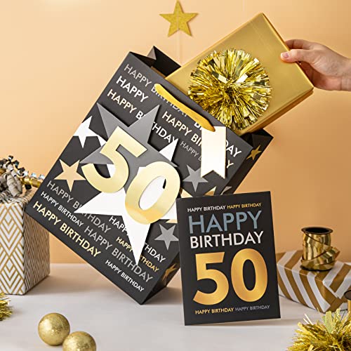 Image of Loveinside Birthday Gift Bag with Tissue Paper and Greeting Card for 50 Birthday - 13 inch x 10 inch x 5 inch, 1 Pcs, Black Gold
