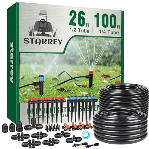 Drip Irrigation System for Garden, 2026-Upgraded Quick Connect Garden Watering Kit All-in-One with 1/2 inch 1/4 inch Irrigation Tubing for Garden, Lawn, Greenhouse, Raised Beds (126FT)