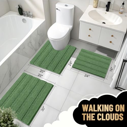 Image of OLANLY Thick Bathroom Runner Rugs 44x24, Extra Absorbent Chenille Striped Bath Rugs, Rubber Backing, Machine Wash Dry, Long Bath Mats for Bathroom, Tub and Shower, Home Decor Accessories, Olive Green