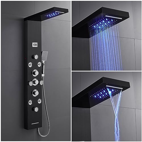 POPFLY LED Shower Panel Tower System, 4 Body Massage Jets and 4 Mist Spray, 304 Stainless Steel Wall Mount Rainfall Waterfall Shower Column Towers with Tub Spout, Black