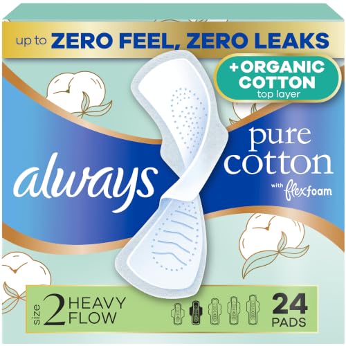 Always Pure Cotton, Organic Cotton top Layer Pads for Women with Wings, Feminine Care, Period...