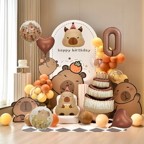 Image of Capybara Birthday Foil Balloon Set, 8-Piece Party Decor (0) | Reusable foil balloon set with capybara, cake,number . Perfect for birthday, baby shower, gender reveal & themed parties