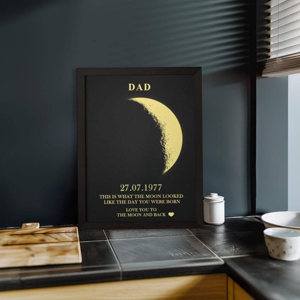Personalized The Moon On Your Date with Name Frame, Customized Moon Photo Frame, Custom Canvas Prints with Name, Custom The Day You were Born Moon Phase(Black)