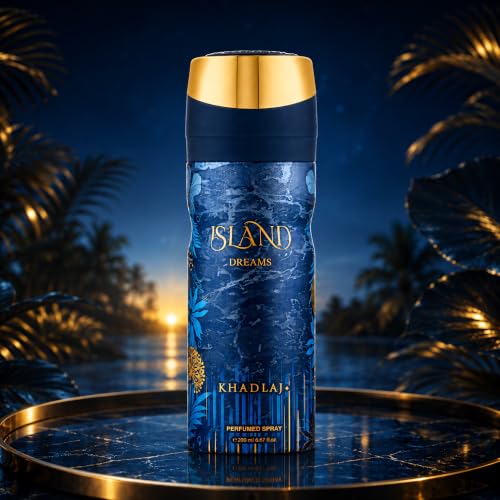 Image of Khadlaj Island Dreams Perfumed Deodorant Spray 6.8 Ounce / 200 ml | Citrus, Fresh, Musky, Amber - Long-Lasting Fragrance for Unisex