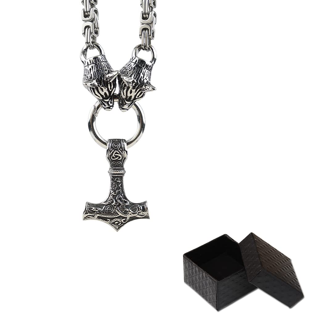 Nordische Wikinger-Halskette Odin Thors Hammer Wolfskopf Talisman-Anhänger-Halskette Wikinger-Amulett-Anhänger-Halskette Nordischer Wikinger-Schmuck für Männer mit Geschenkbox,Silber