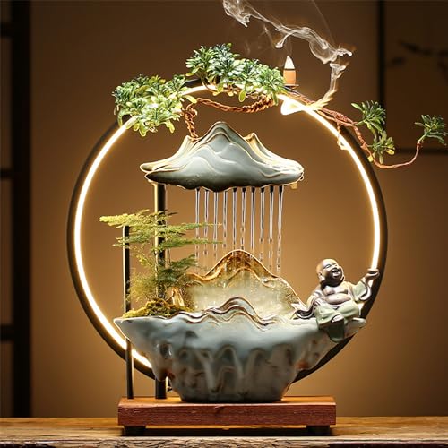 Bnhcoe Buddha Tabletop Fountain Indoor Waterfall Fountain Office Tabletop Water Fountain with Lights Backflow Incense Burner Ceramic Fountain Indoor Zen Decor for Home Office Yoga Meditation (Buddha)