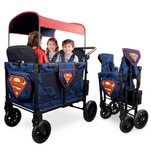 Image of WONDERFOLD W4 Luxe Pro Special Edition Superman Stroller Wagon (4 Seater) - Collapsible Wagon Stroller with Seats with 5-Point Harnesses, Easy Access Zipper Door, and Removable Sun Canopy