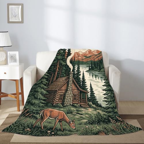 Couverture cabane rustique cerf pin vert plaid peluche léger lit sofa - 7
