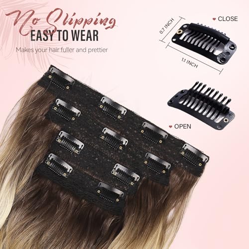 Ombre Hair Extensions Clip In - 14 Inch Synthetic Wavy Curly Clip In Hair Extension For Women And Girls (Color: Dark Blonde with Bleach Blonde Highlights) - Image 4