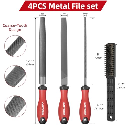 Condition photo showing New/Like New for 4pcs metal file set, 8-inch, high-strength carbon steel file, flat/half round/round steel file with handle, wire brush, hand files work for metal, wood and more