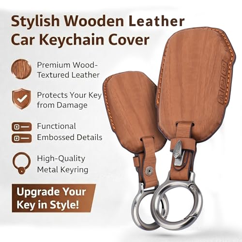 Image of Wooden PU Leather Key Cover Compatible with Kia Seltos 2024 2023 Facelift HTX Carens X Line Sonet Facelift 4 Button Smart Key Stylish Wooden Texture & Durable Premium Leather Protection