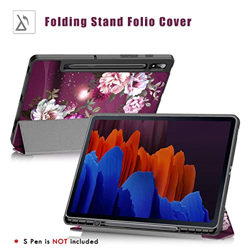 Hocase Galaxy Tab S7 Plus Case, Pu Leather Smart Flip Case With Cute Flower Design, Auto Sleep Wake Feature, Soft Tpu Back Cover For Galaxy Tab S7 Plus (12.4-Inch Display) 2020 - Burgundy Flowers #TOP1
