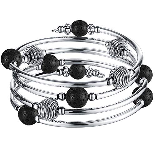 PEARL&CLUB Beaded Chakra Bangle Turquoise Bracelet - Fashion Jewelry Wrap Bracelet with Thick Silver Metal and Mala Beads, Birthday Gifts for Women (63-Lava Black)