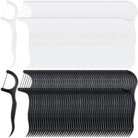 100 Pcs Dental Floss Picks, Disposable Glide Floss Pick, 2-in-1 Design Dental Floss Stick, Interdental Toothpicks with Portable Cases for Teeth Cleaning, (White,Black) Cover