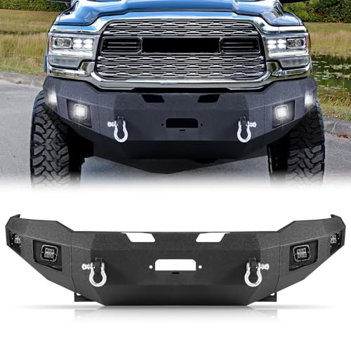 Peforway Off Road Front Bumper Fit for Ram 2500 3500 2019-2024, Full Width Off Road Bumpers, Heavy Duty Front Bumpers, Carbon Steel Powder-Coated Black W/4 Lights 2 D-ring Shackles