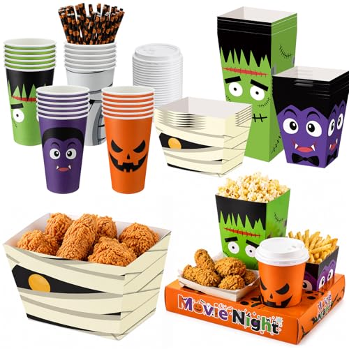 Bokon 172 Pcs/ 24 Sets of Summer Halloween Movie Night Snack Trays Funny Cartoon Pumpkin Vampire 3 Sizes Snack Boxes 16 oz Disposable Drinks Cups 50 Straws Sealing Stickers for Cinema Party Decor