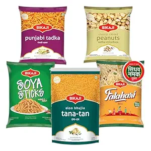 Bikaji Snacks Combo – SOYA STICKS & SALTED PEANUT & TANA-TAN (Aloo Bhujia) & FALHARI MIX & PUNJABI TADKA | 5 Pack Variety | Bar Snacks, Party Mix & Tea-Time Treats – 1 Kg