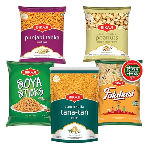 Bikaji Snacks Combo – SOYA STICKS & SALTED PEANUT & TANA-TAN (Aloo Bhujia) & FALHARI MIX & PUNJABI TADKA | 5 Pack Variety | Bar Snacks, Party Mix & Tea-Time Treats – 1 Kg