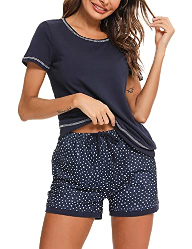 Litherday Schlafanzug Damen Kurz Pyjama Baumwolle Kurzarm Pyjamas Set Sommer Nachtwäsche Zweiteiliger Sleepwear mit Taschen 2