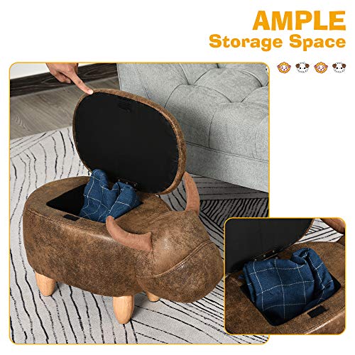 HOMCOM Animal footstool Buffalo Storage Stool Cute Kids Decoration Wood Frame Legs w/Padding Lid Ottoman Furniture - Image 6