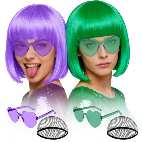 Image of MEEZY 2 Pcs Colorful Bob Wigs with Bangs Green Purple for Women, Neon Funny Wig Short Bob Hair with Heart Sunglasses Hair Cap for Halloween Costume Cosplay Birthday Bachelorette Party Carnival