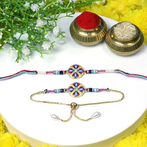 Image of Oblivion Rakhi Set for Brother and Bhabhi - Peacock with Feather Gift for Bhai & Lumba for Bhabhi with Silver Colour Coin and Greeting Card - Raksha Bandhan Combo