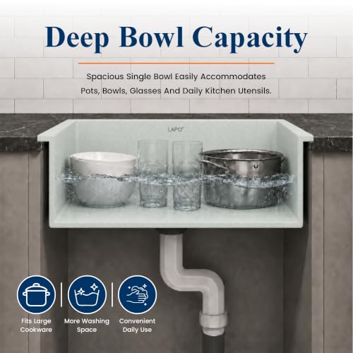 Image of LAPO Quartz Basin for Kitchen | 24x18 Inch Single Bowl Basin | Minimal Splash Noise & UV Protected Sink with Tap Hole | Sink with Drain Accessories and Basket | 3 Yrs Warranty (White Finish)
