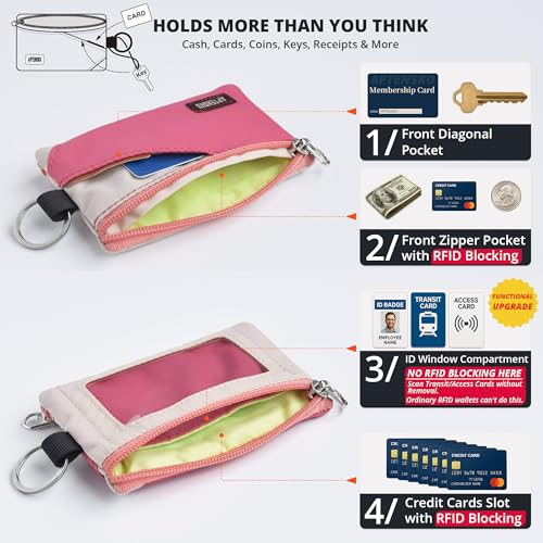 Image of RFID Blocking Travel Wallet with Adjustable Lanyard, Small Nylon Zipper Pouch and Badge Holder for ID, Credit Cards, Cash, Keys, Commuters (Pink+Almond)