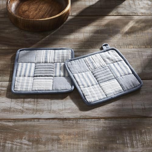 VHC-Brands-Cotton-Pot-Holder-Set-of-2-Heat-Resistant-Kitchen-Potholders-Sawyer-Mill-Blue-Collection-Square-8×8-Denim-Blue VHC Brands Cotton Pot Holder Set of 2 Heat Resistant Kitchen Potholders Sawyer Mill Blue Collection Square 8×8 Denim Blue