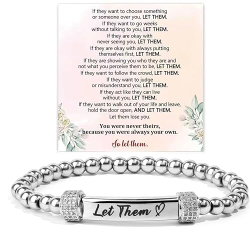 Let Them Diamond Beaded Stretch Bracelet Dainty Self Worth Motivational Stainless Steel Engraving Bracelets Crystal Energy Friendship Bracelet Jewelry Gifts for Women Men
