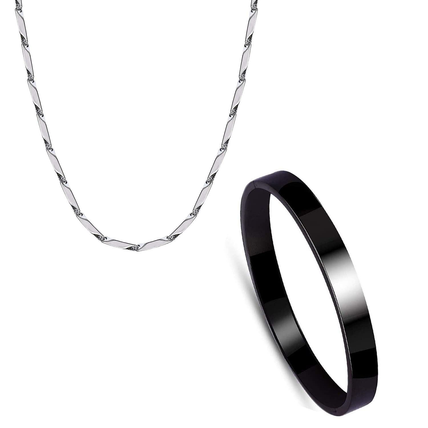 okos Mens Fashion Jewellery Set Combo Pack of Rhodium Plated Rice Shape Link Chain With Solid Black Polish Full Kada Bracelet For Boys and Men CO1000440BLK (B0BJ6P5B68) Amazon Price History, Amazon Price Tracker