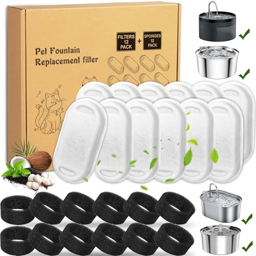Amzeeniu 24 Piezas Filtros de Fuente para Gatos,filtros fuente gatos,12 Filtros de Carbón y 12 Esponjas de Espuma para Bebedero Fuentes de Acero Inoxidable,Cartucho Triple Acción