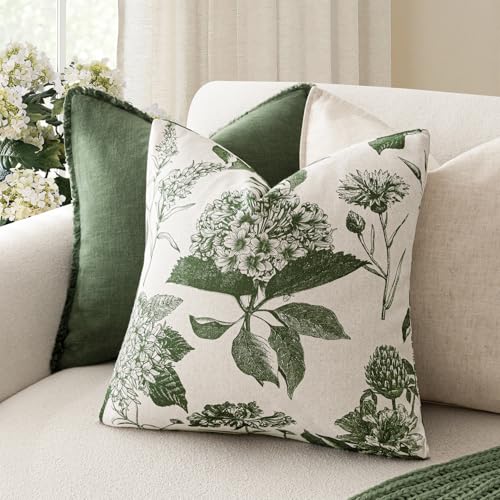 Image of Foindtower Set of 2 Linen Floral Throw Pillow Covers Neutral Vintage Print Decorative Cozy Cushion Covers Farmhouse Boho Home Decor for Sofa Chair Couch Bedroom Living Room,22x22 Inch,Dark Green