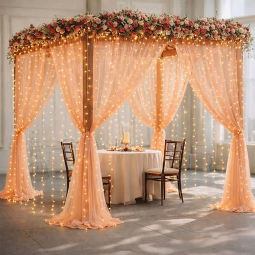 Image of Party Propz Peach Net Curtain for Backdrop Decoration with Light - 5 Pcs Background Decoration Cloth, Birthday Backdrops for Decorations, Anniversary, Festival, Wedding Backdrop Decorations for Home