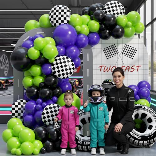 Image of Monster Truck Balloon Arch Garland Kit 156pcs, Green Purple Black Silver Big Wheels Race Car Balloons Arch Kit for Two Fast Theme Boy Birthday Anniversary Monster Truck Party Decorations