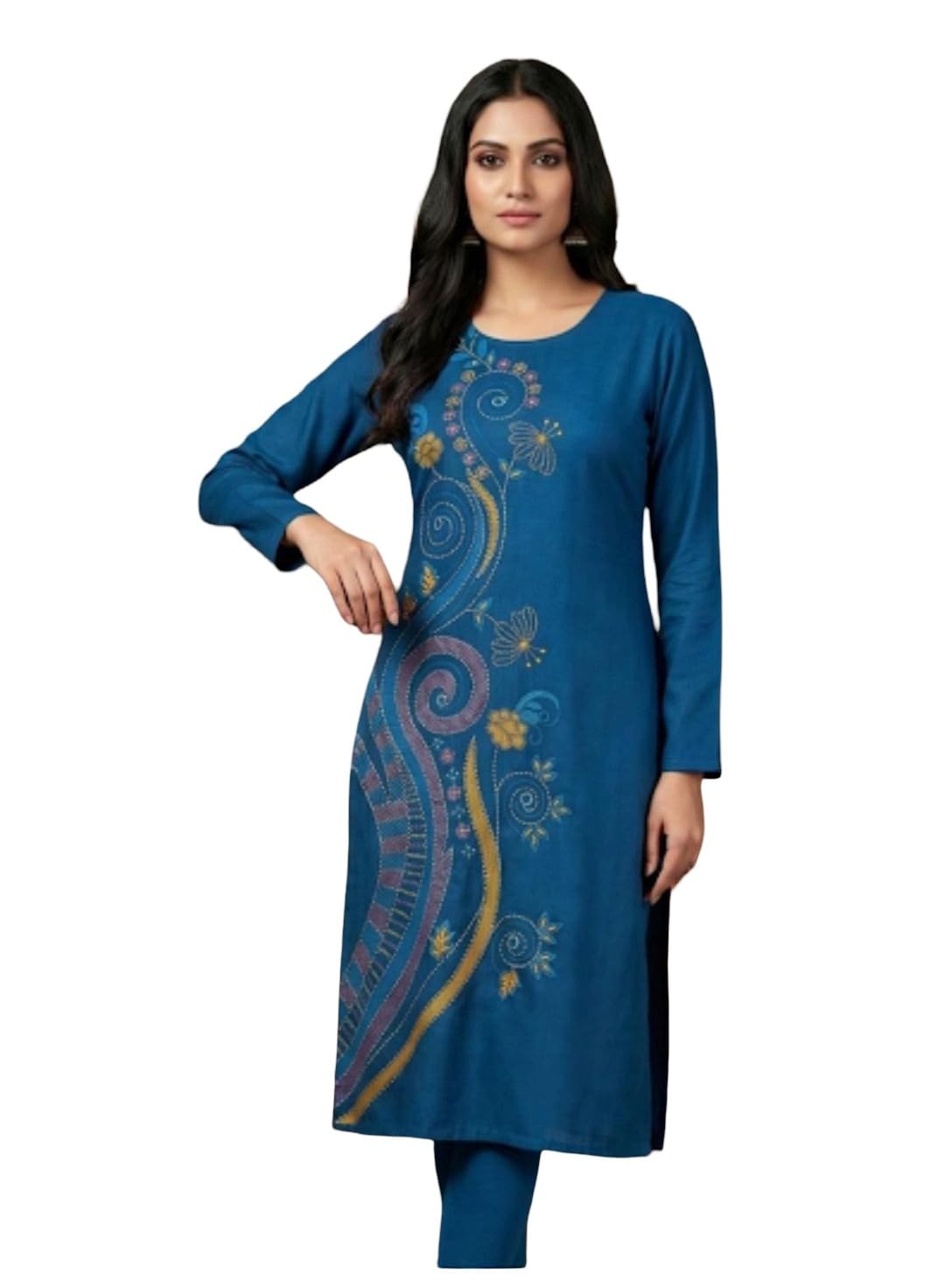 Women's Teal Blue Kurti with Floral Embroidery, Round Neck, Full Sleeves, Ethnic Wear