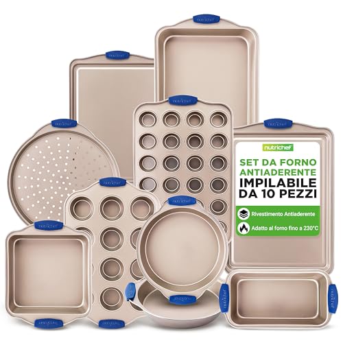 NutriChef Set 10 Pezzi Teglie Forno Antiaderenti in Acciaio al Carbonio con Manici in Silicone, Teglie da Forno per Pizza, Pane, Dolci, Torta, Biscotti, Stampo Muffin e Stampo Plumcake