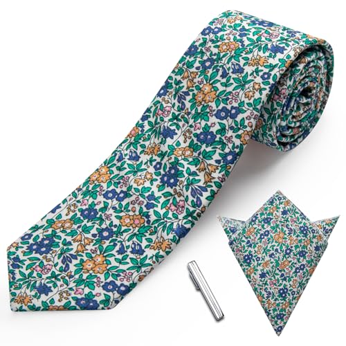 Image of YourTies Cotton Floral Tie for Men 2.5 inch Printed Skinny Necktie Pocket Square Tie Clip Set Flower Wedding Party Groom