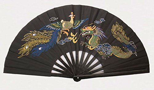 Bamboo Fan Mascot Dragon Phoenix Design Chinese Kung Fu Martial Tai Chi Black