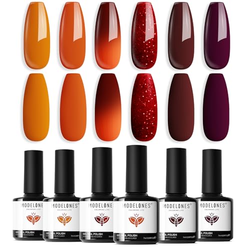 modelones Gel Nail Polish Set 6 Colors Summer Brown Maple Burnt Orange Maroon Burgundy Red Glitter Gel Polish Cherry Mocha Turkey Pumpkin Color Changing Nail Polish LED Gift