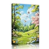 明るい春の自然風景キャンバスウォールアート蝶の花と鳥の壁の写真リビングルームとベッドルームの庭の壁の装飾30x42cmインナーフレーム