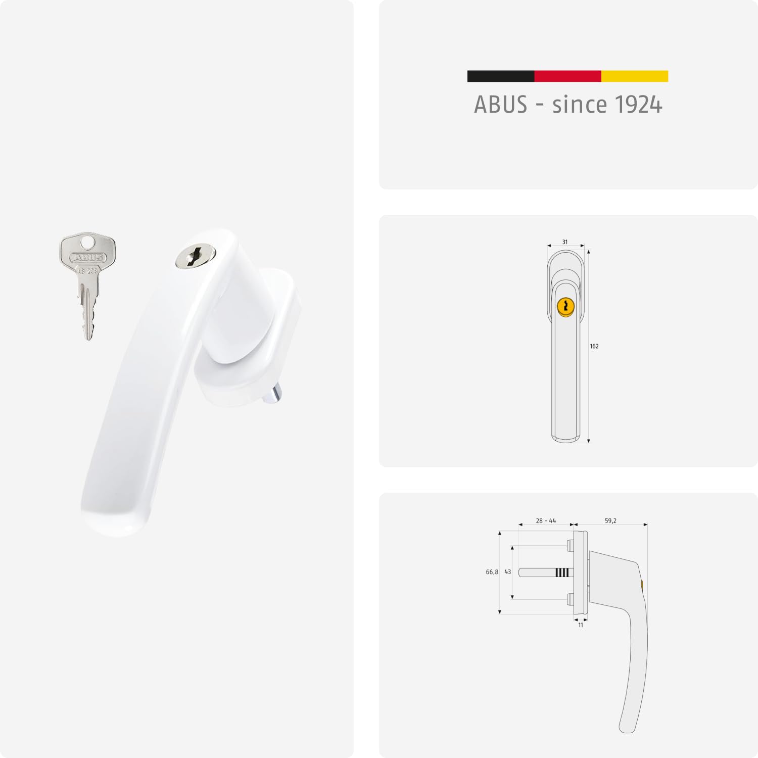 Abus Poignée de Fenêtre Verrouillable FG200 AB208 - Bouton avec Cylindre de Pression, Verrouillage Identique - Niveau de Sécurité 3 - Blanc
