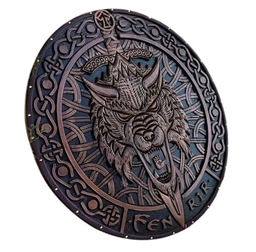 Ręcznie wykonana drewniana tarcza w średniowiecznym stylu do rekonstrukcji historycznych, LARP i dekoracyjnej ekspozycji - autentyczny design z - idealna do cosplay, średnica 61 cm,