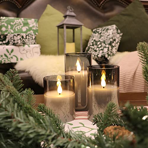 Rhytsing Grau flammenlose Kerzen im Glas, 3 Glaswindlichter mit Fernbedienung und Timerfunktion, warmweiße Licht mit Batterien enthalten