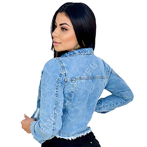 Jaqueta Jeans Feminina Curta Cropped Destroyed - EWF Jeans - Azul Claro (G1)